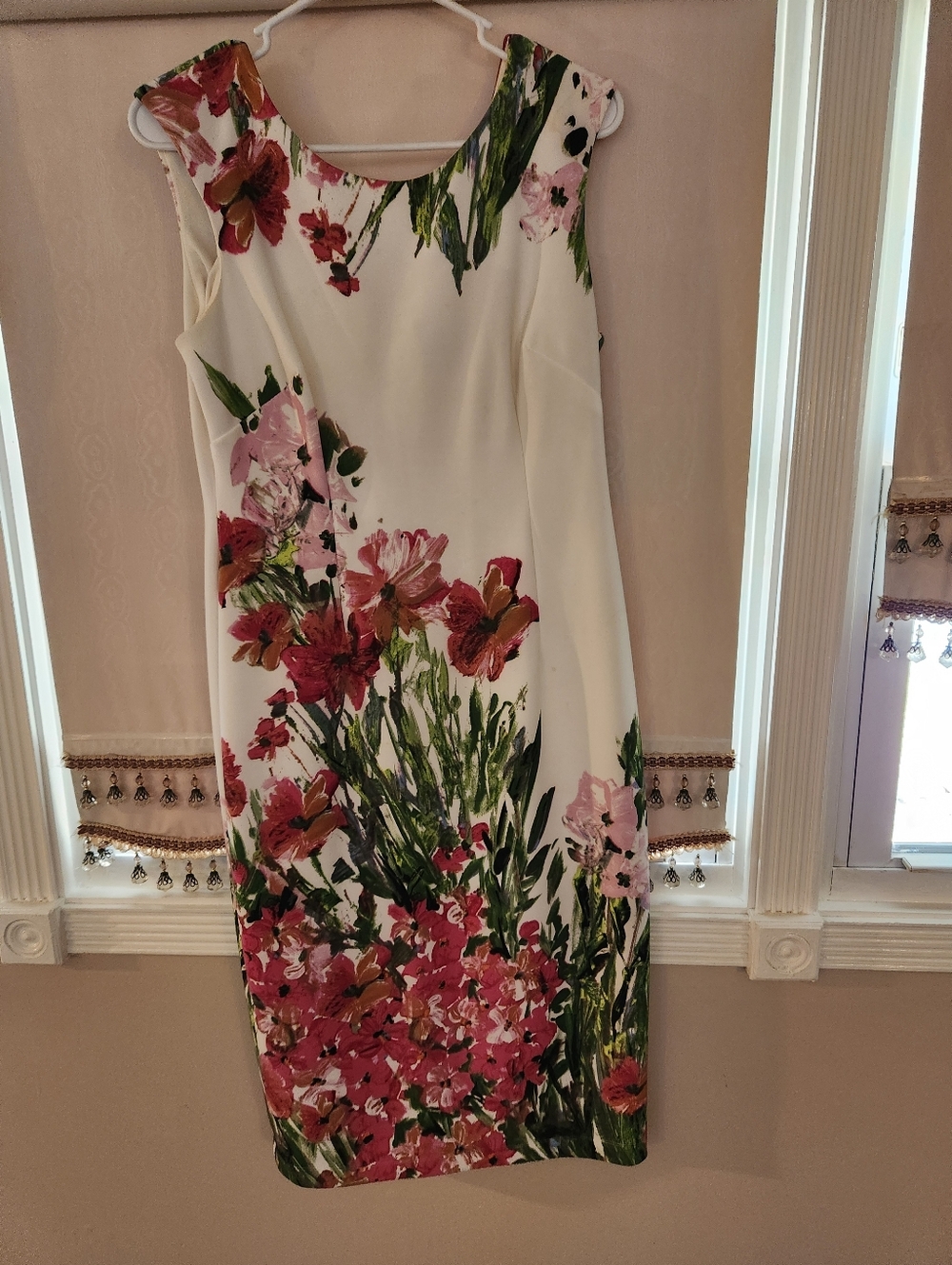 Gabby Skye White Midi Dress with Pink and Green Floral Print